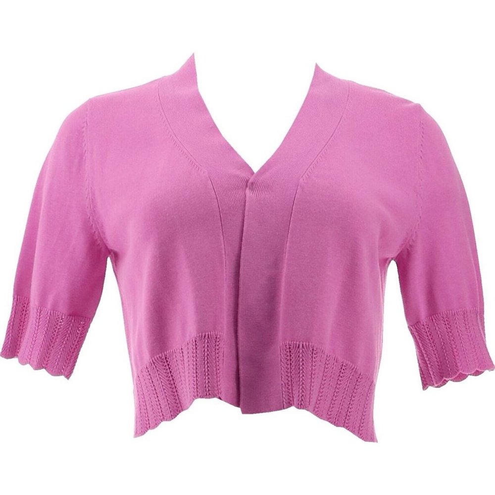 NWT ISAAC MIZRAHI SCALLOP TRIM OPEN FRONT‎ CARDIGAN SWEATER AFRICAN ORCHID XXS